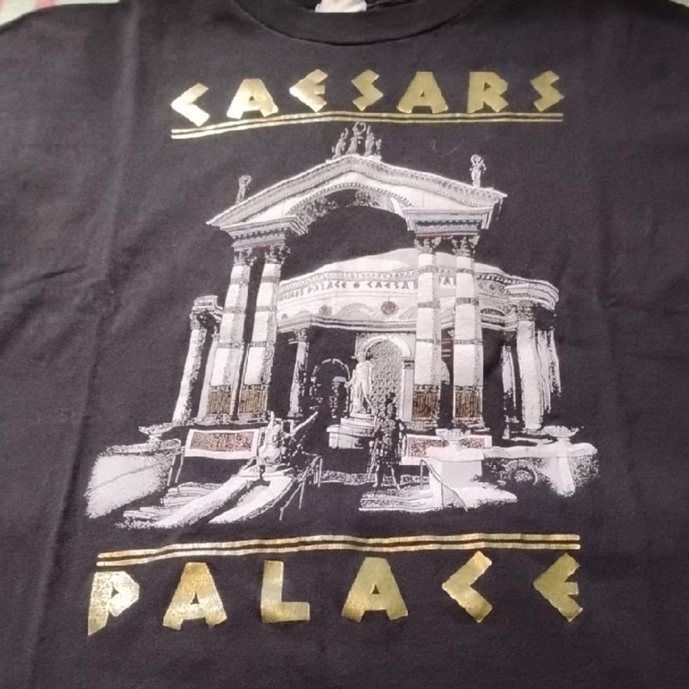Men's Black Gold Vintage XL Caesars Palace Casino Single Stitch Shirt Foil Jewel